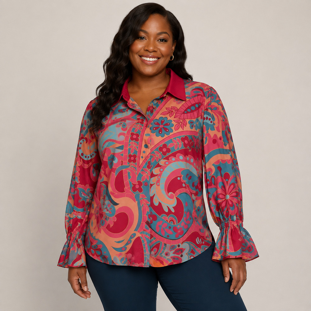Cherrybetty Blouse Womens 2XL NWT Pink/Blue Paisley Floral Bell Sleeve Cottage